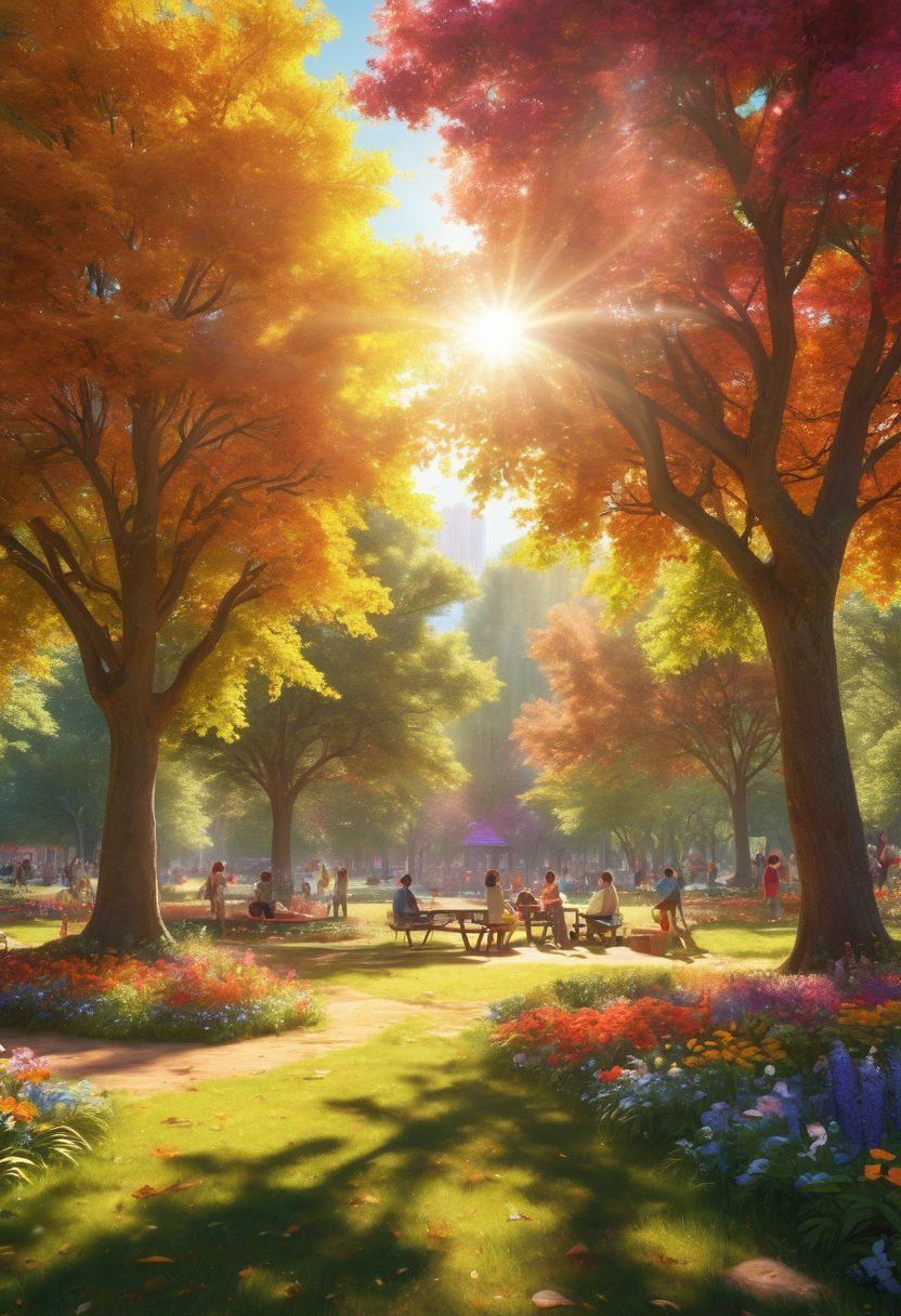 A sunlit park scene featuring diverse people engaging in joyful activities; children playing, couples laughing, and friends sharing a picnic. The surroundings are filled with colorful flowers and vibrant trees, highlighting a feeling of happiness and warmth. Soft rays of sunlight filter through the leaves, creating a magical atmosphere. super-realistic. vibrant colors. 3D.