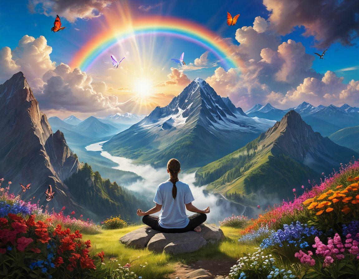 A serene landscape featuring a person meditating on a mountain top, surrounded by vibrant flowers and sunlight breaking through the clouds. Incorporate symbols of joy and positivity like butterflies and rainbows in the background. The scene should evoke a sense of tranquility and happiness, enhancing the theme of inner joy. vibrant colors. super-realistic. nature-inspired.