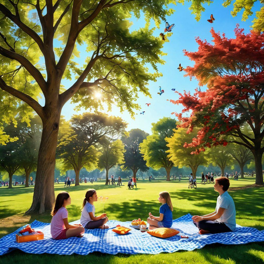 A serene scene depicting a sunlit park with people enjoying joyful moments, such as laughing children flying kites, a couple picnicking on a checkered blanket, and a person meditating under a tree. The atmosphere is filled with vibrant flowers, butterflies, and soft sunlight filtering through the leaves, enhancing the feeling of bliss. super-realistic. vibrant colors. uplifting mood.